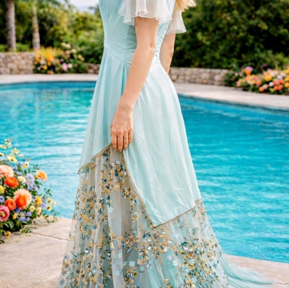 Blumarine Beaded Embroidered Aqua Gown • Made in Italy Sheer Floral Maxi Dress - Picture 5 of 15